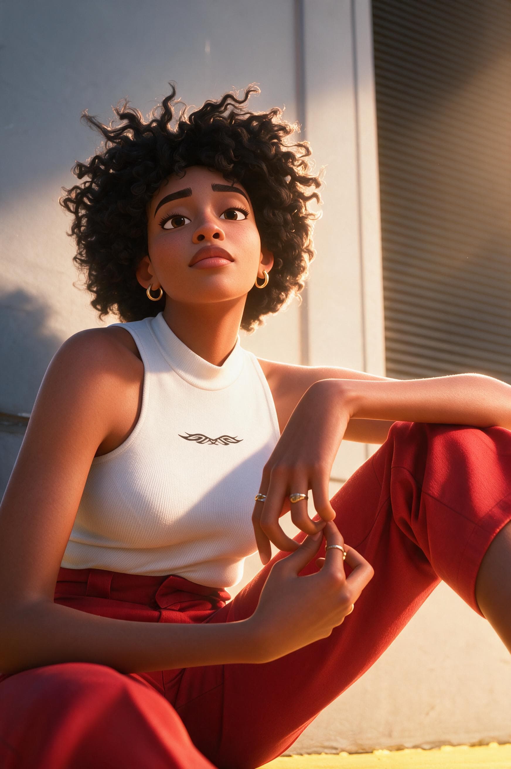 Tessa’s animated interpretation, preserving her dark curls, gold hoop earrings, cream sleeveless top, and red trousers