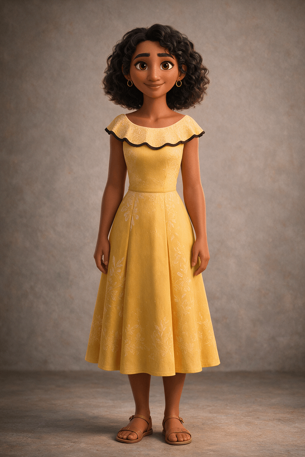 Character example Maya, with dark curls, gold earrings, and a yellow dress